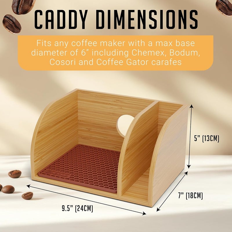 HEXNUB Caddy and Lid for Pour Over Coffee Maker, Bamboo Stand fits Chemex, Bodum, Cosori Carafes, Heatproof Mat, Filter Holder for Drip Coffee Maker - Brown Mat - Image 3